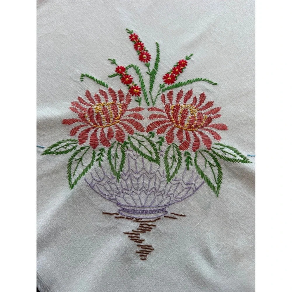 Vintage Embroidered Tablecloth Floral Baskets Fringed 42x50 Cottagecore Folk Art